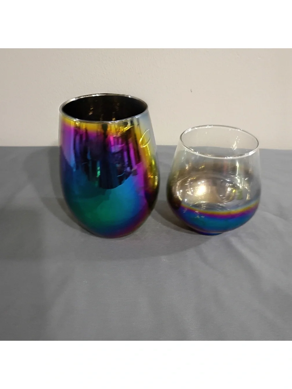 Set of Two Iridescent Rainbow Stemless Wine Glasses